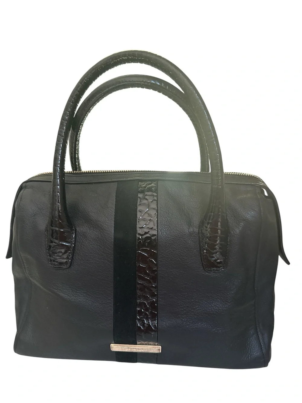 Cole Haan Black Pebbled Leather Satchel with Patent Croc Stripe